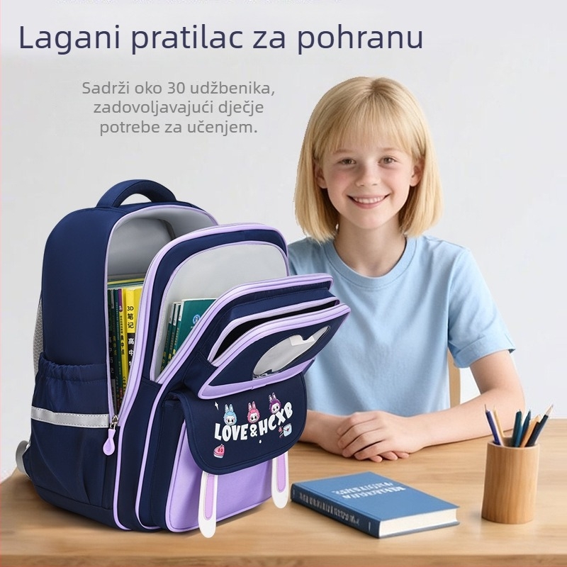 Školska torba u cartoon stilu za osnovnoškolce (1., 3. i 6. razred); unisex, dizajn blok boja, zaštita kralježnice, lagana, od Oxford materijala.