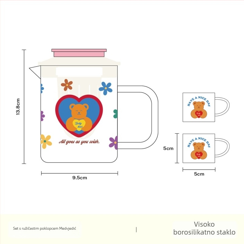Rainbow Flower staklena čaša s poklopcem, otporna na visoke temperature, velika kapaciteta, za čaj i hladnu vodu, s odjeljkom za vodu i držačem.
