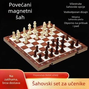 Drveni magnetski šah sa sklopivom pločom za dva igrača – edukativna i strateška igra za odrasle i djecu.