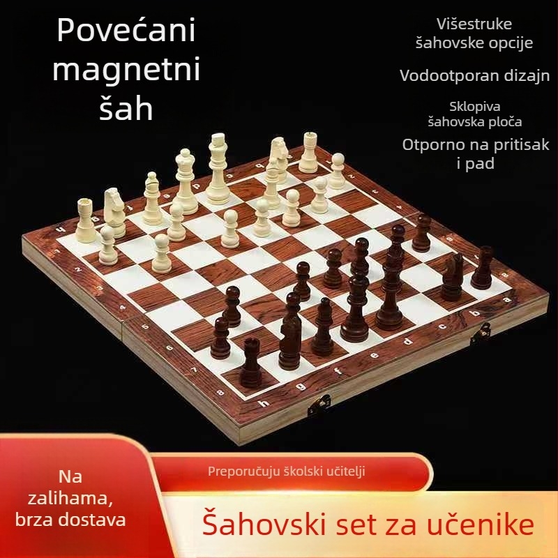 Drveni magnetski šah sa sklopivom pločom za dva igrača – edukativna i strateška igra za odrasle i djecu.