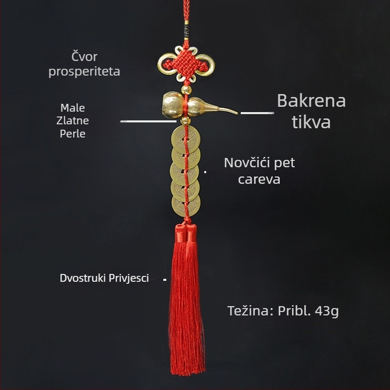 Bakreni privjesak s novčićima Pet careva, promjer 2.8 mm, dvostruka resica i sretan čvor – kineski čvor privjesak