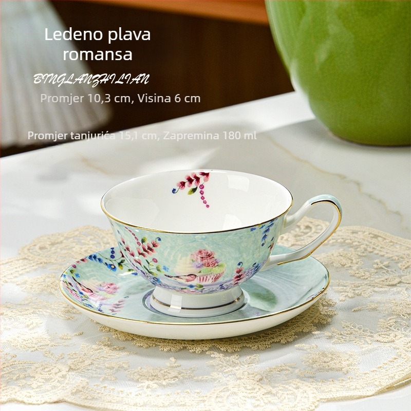 Europski stil set šalice za kavu od bone china sa zlatnim rubom i podmetačem, visoke šalice s cvjetnim uzorkom