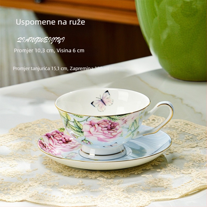 Europski stil set šalice za kavu od bone china sa zlatnim rubom i podmetačem, visoke šalice s cvjetnim uzorkom