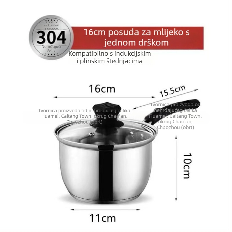 304 nehrđajući čelik, lončić za mlijeko s jednom ručkom, za dječju hranu, kućna mala posuda sa staklenim poklopcem