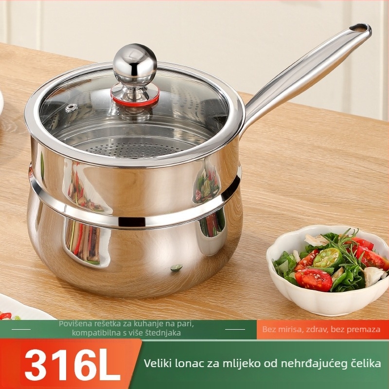304 nehrđajući čelik – lonac za mlijeko za kućnu uporabu, kompatibilan s indukcijskim pločama, mali parni lonac, bez premazivanja, debelo dno za hranu za bebe i instant rezance