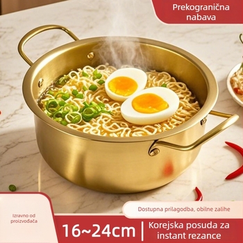 Nerđajući čelični lonac za ramen s poklopcem, lonac s dvostrukim ručkama, korejskog stila, ekološki, otporan na hrđu, promjer 18–22 cm, kapacitet 2.1–4 L