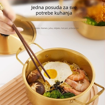Nerđajući čelični lonac za ramen s poklopcem, lonac s dvostrukim ručkama, korejskog stila, ekološki, otporan na hrđu, promjer 18–22 cm, kapacitet 2.1–4 L