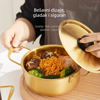 Nerđajući čelični lonac za ramen s poklopcem, lonac s dvostrukim ručkama, korejskog stila, ekološki, otporan na hrđu, promjer 18–22 cm, kapacitet 2.1–4 L