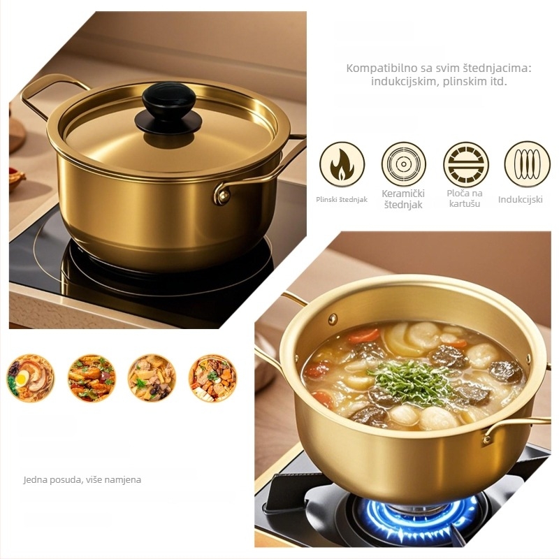 Nerđajući čelični lonac za ramen s poklopcem, lonac s dvostrukim ručkama, korejskog stila, ekološki, otporan na hrđu, promjer 18–22 cm, kapacitet 2.1–4 L