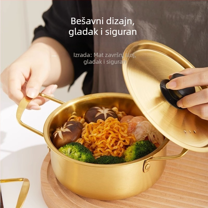 Nerđajući čelični lonac za ramen s poklopcem, lonac s dvostrukim ručkama, korejskog stila, ekološki, otporan na hrđu, promjer 18–22 cm, kapacitet 2.1–4 L