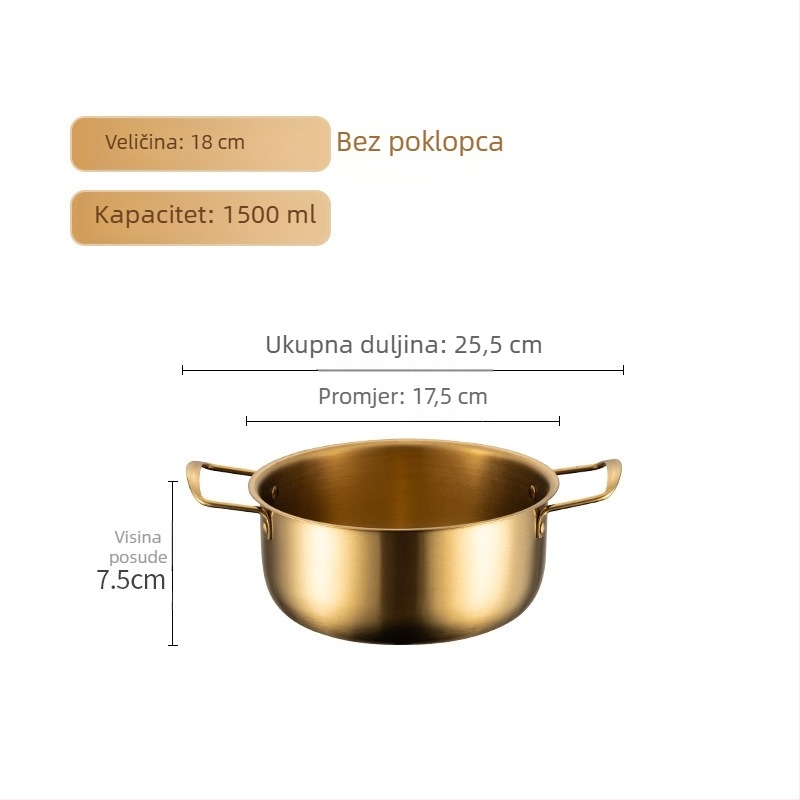 Nerđajući čelični lonac za ramen s poklopcem, lonac s dvostrukim ručkama, korejskog stila, ekološki, otporan na hrđu, promjer 18–22 cm, kapacitet 2.1–4 L