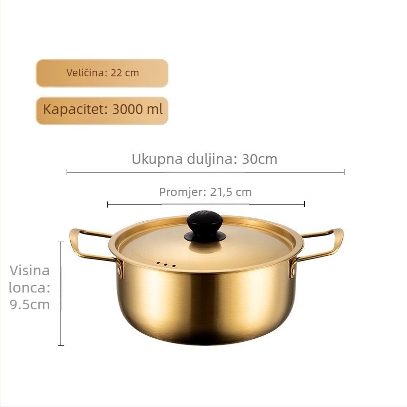 Nerđajući čelični lonac za ramen s poklopcem, lonac s dvostrukim ručkama, korejskog stila, ekološki, otporan na hrđu, promjer 18–22 cm, kapacitet 2.1–4 L