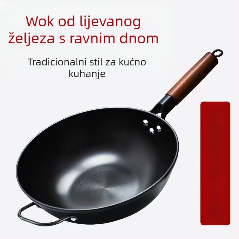 Lijevani tiganj s ravnim dnom, staklenim poklopcem, debeli, otporan na hrđu i neprijanjajući