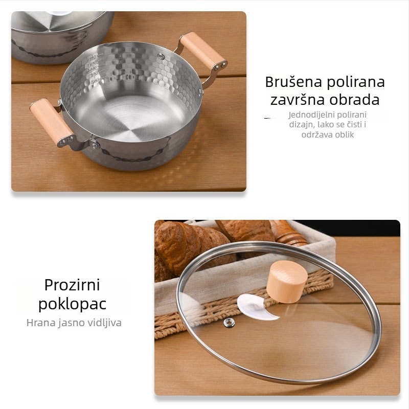 Lonac korejskog stila za juhu od nehrđajućeg čelika 304 s dvostrukim ručkama i teksturom udubljenja, pogodan za plin i indukciju, lonac za rezance, juhu i ramen.