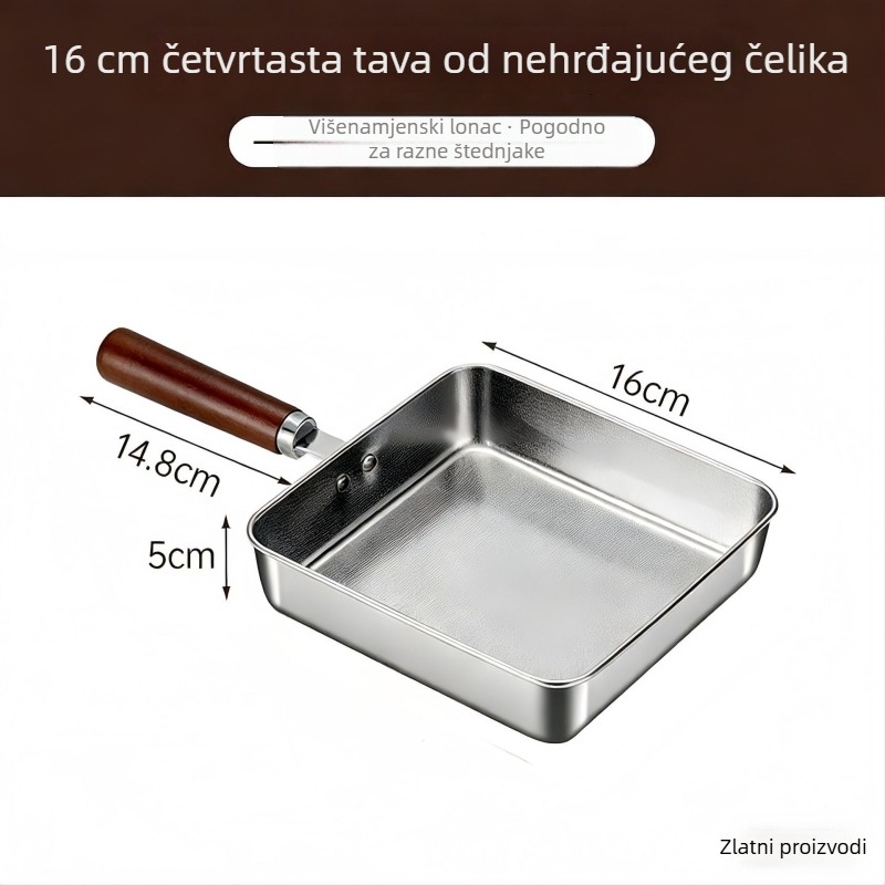 Set nepremazanih tava od nehrđajućeg čelika 304 bez premaza, s drvenom ručkom, otpornost na opeklinu, kvadratne tave za jaja koje se mogu slagati