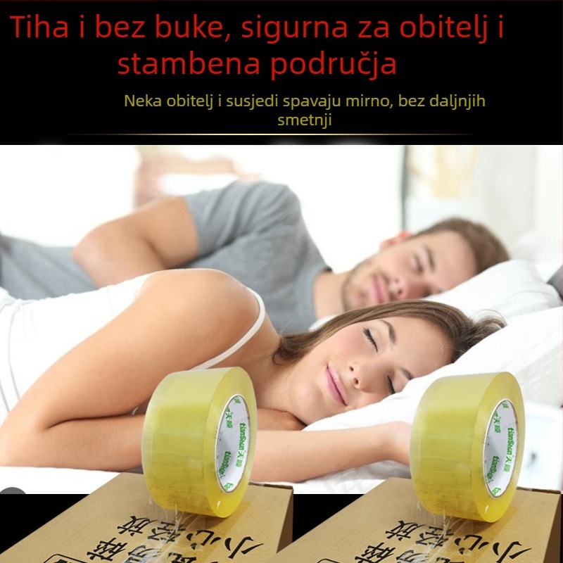 Prozirna tiha pakirajuća traka, veliki rol, visoka adhezija za sigurno zatvaranje; bez buke. Debljina 0,05 mm; širina 4,5–5,0 cm; duljina 100–170 m; BOPP s ljepilom na bazi vode.