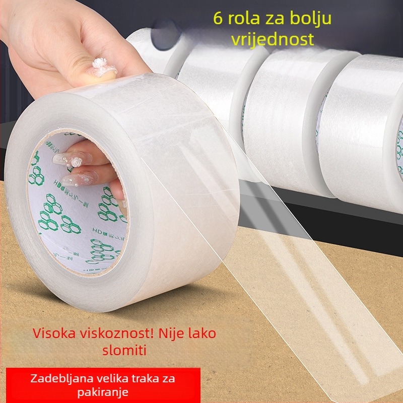 Prozirna ambalažna traka, veliki rol, otporna na kidanje, debela traka za zatvaranje paketa, duljina 60 m, širina po izboru.
