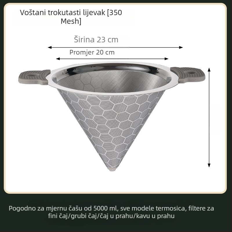 Nehrđajući čelični veliki filter za čaj, za mliječni čaj i sojino mlijeko, konusnog oblika, 304, dvostruka drška