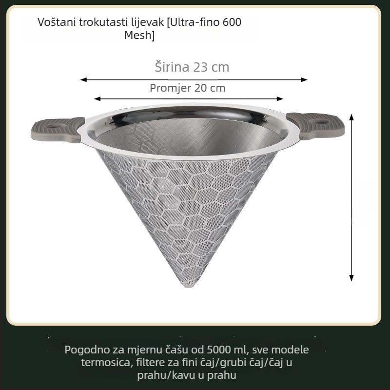 Nehrđajući čelični veliki filter za čaj, za mliječni čaj i sojino mlijeko, konusnog oblika, 304, dvostruka drška