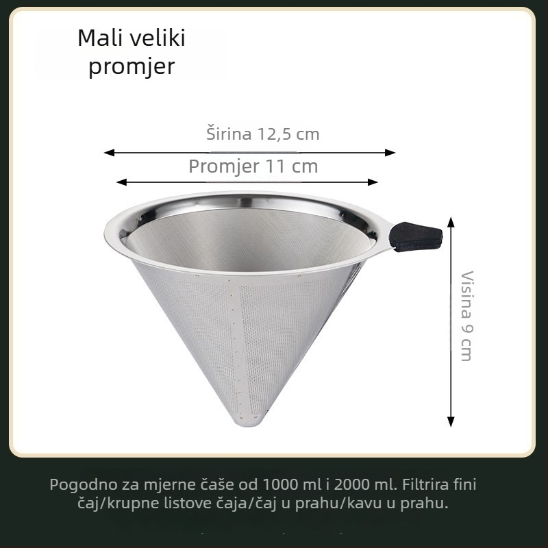 Nehrđajući čelični veliki filter za čaj, za mliječni čaj i sojino mlijeko, konusnog oblika, 304, dvostruka drška