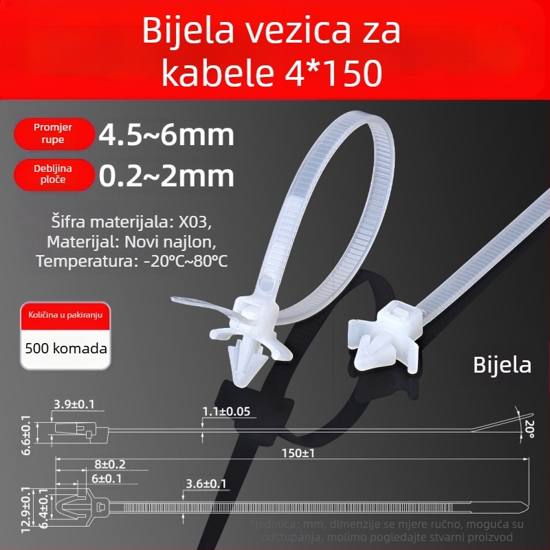 Kabelske vezice s tipkom zatvarača s šipkovim tjemom, najlonske trake za omotavanje, automobilske vezice s bočnim krilima
