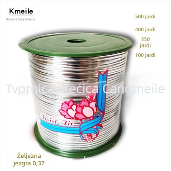 Žica za vezanje u rolni, zlatna i srebrna, širina 4 mm, debljina 0,37 mm, duljina 320–457 m, za pakiranje i vezanje.
