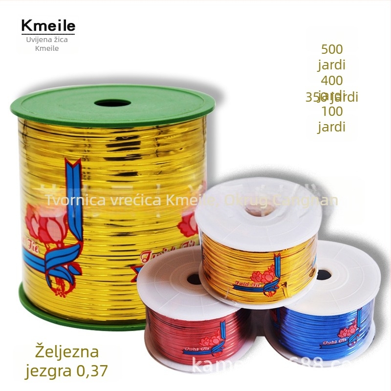 Žica za vezanje u rolni, zlatna i srebrna, širina 4 mm, debljina 0,37 mm, duljina 320–457 m, za pakiranje i vezanje.
