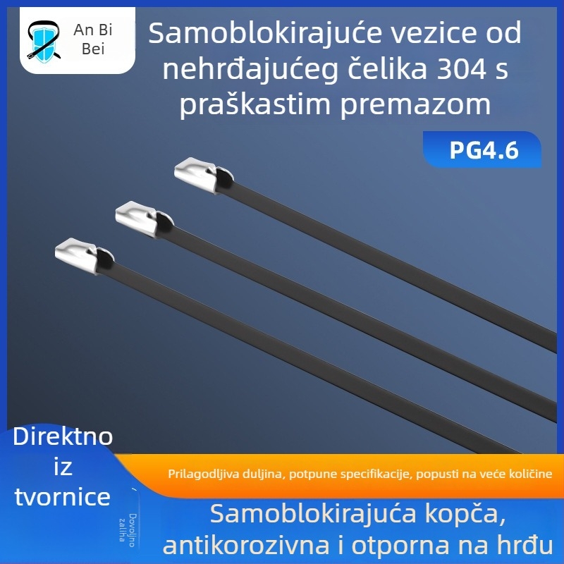Vezice za kabel od nehrđajućeg čelika s premazom sprejem, morska kvaliteta, produžene, crne, automatsko zaključavanje, metalne vezice za kabel 4,6 mm