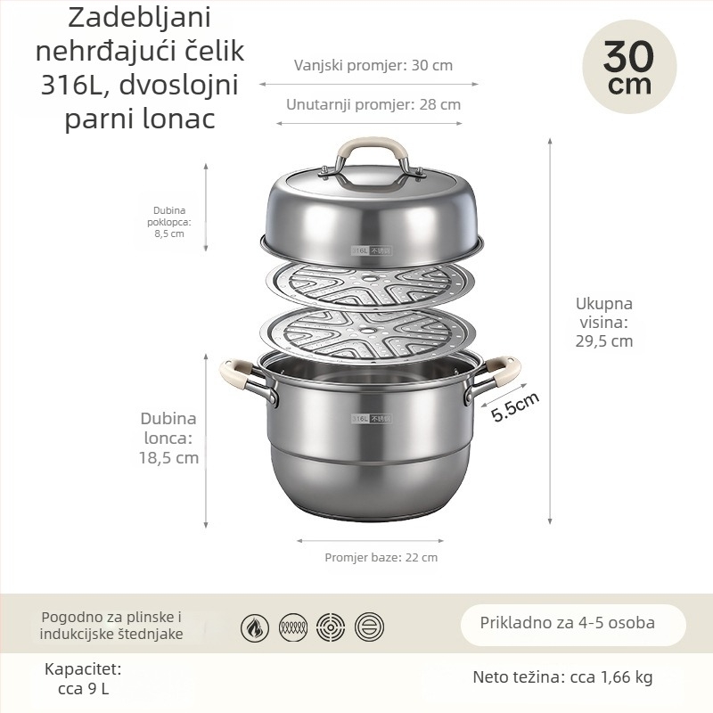 Parni lonac od 316L nehrđajućeg čelika za kućnu upotrebu, višeslojni s košarom za paru, velik kapacitet juhe, pogodan za indukcijsku ploču i plin