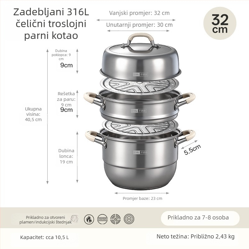 Parni lonac od 316L nehrđajućeg čelika za kućnu upotrebu, višeslojni s košarom za paru, velik kapacitet juhe, pogodan za indukcijsku ploču i plin