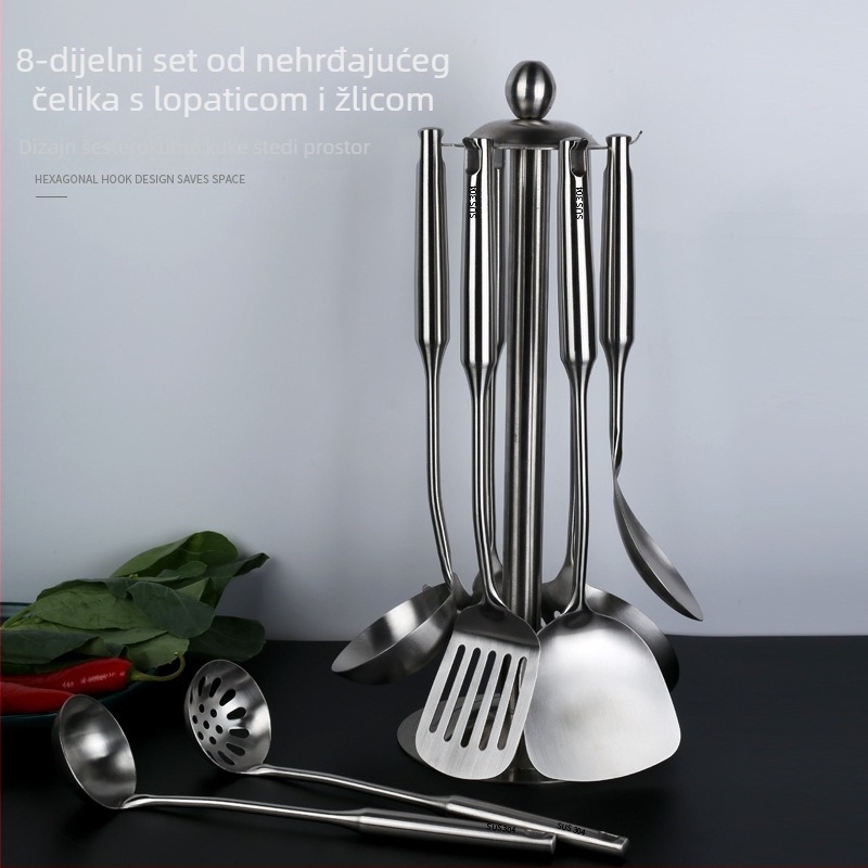 Set kuhinjskih alata od nehrđajućeg čelika 304 s toplinsko izoliranim drškama — špatula, jušna žlica, špatula za prženje, žlica s rupicama, cjedilo; mogućnost prilagodbe loga