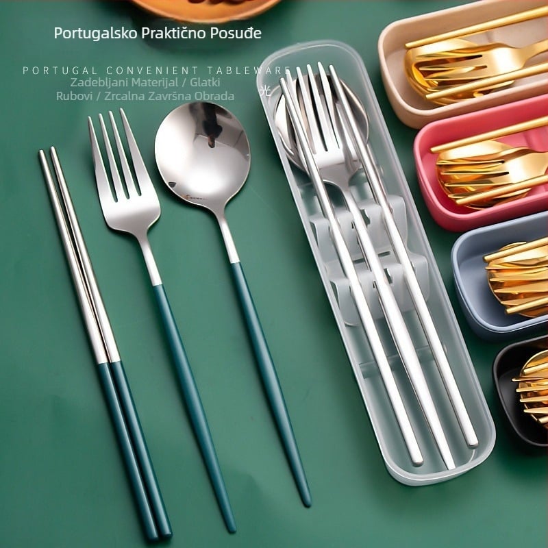 Prijenosni set posuđa od nehrđajućeg čelika: žlica, vilica i chopsticks, tri dijela, japanskog stila, za studente