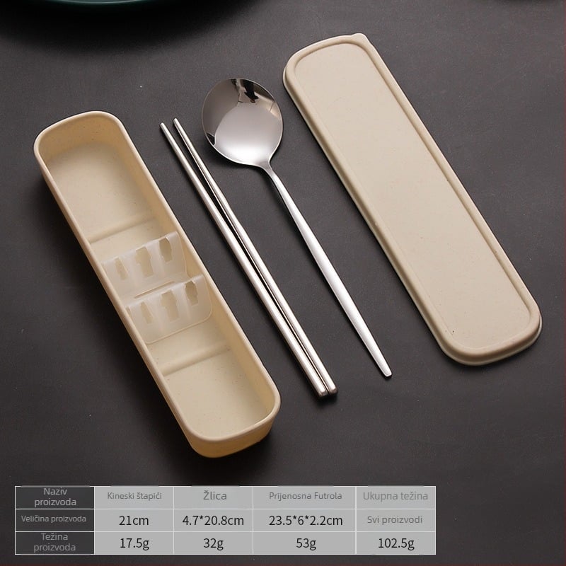 Prijenosni set posuđa od nehrđajućeg čelika: žlica, vilica i chopsticks, tri dijela, japanskog stila, za studente