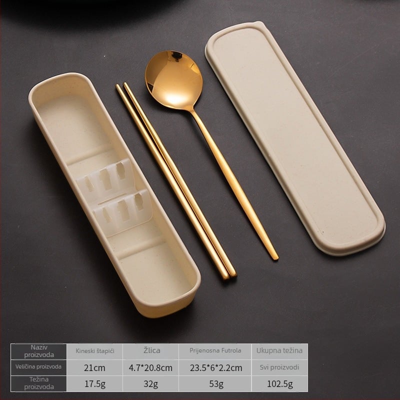 Prijenosni set posuđa od nehrđajućeg čelika: žlica, vilica i chopsticks, tri dijela, japanskog stila, za studente