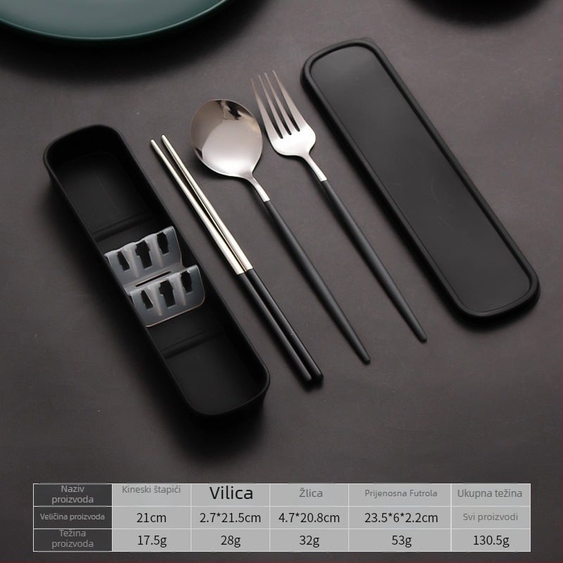 Prijenosni set posuđa od nehrđajućeg čelika: žlica, vilica i chopsticks, tri dijela, japanskog stila, za studente