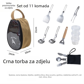 Prozirni set zdjela i pribora za kampiranje uz sklopivu torbu za pohranu