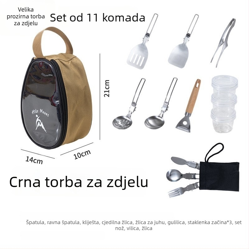 Prozirni set zdjela i pribora za kampiranje uz sklopivu torbu za pohranu