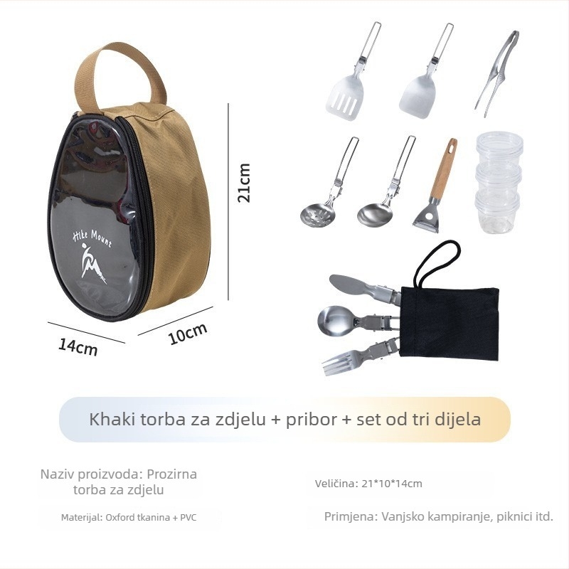 Prozirni set zdjela i pribora za kampiranje uz sklopivu torbu za pohranu