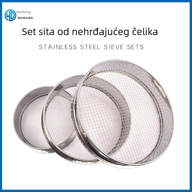 Skup sitova od nehrđajućeg čelika promjera 30 cm, 25 cm i 20 cm; vrtno sito za tlo i šljunak s mrežom 1-15 mm.