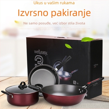 Trodijelni set posuđa od lijevanog željeza: lonac za juhu, tiganj i wok, s premazom otpornim na lijepljenje, u poklon kutiji