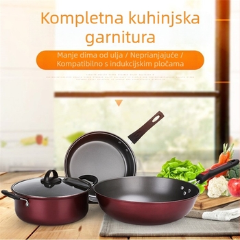 Trodijelni set posuđa od lijevanog željeza: lonac za juhu, tiganj i wok, s premazom otpornim na lijepljenje, u poklon kutiji