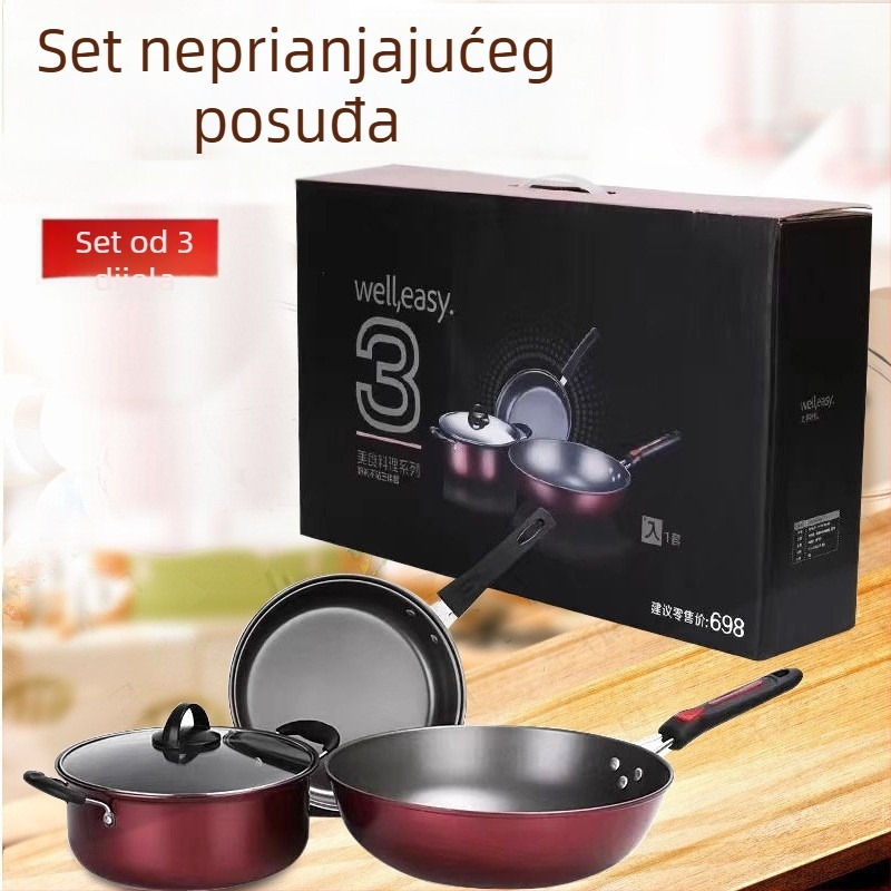 Trodijelni set posuđa od lijevanog željeza: lonac za juhu, tiganj i wok, s premazom otpornim na lijepljenje, u poklon kutiji