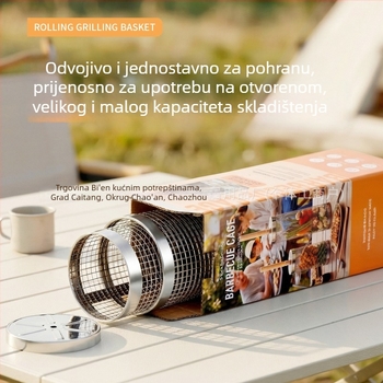 Okrugla košara za roštilj od nehrđajućeg čelika s drvenom ručkom, prijenosna