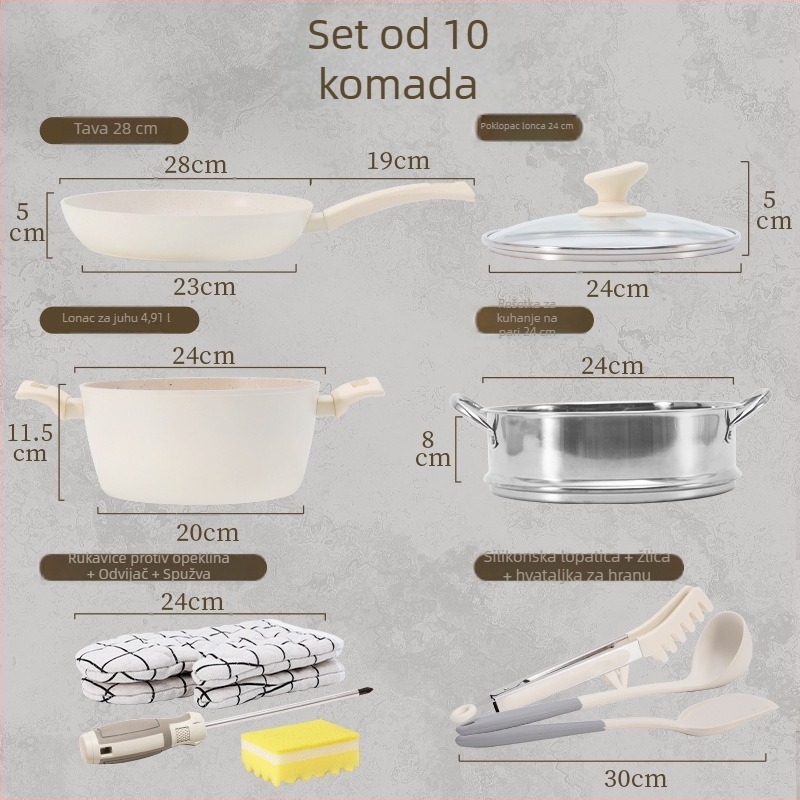 Maifan kamen ne‑stick set posuđa, 10 dijelova, uključuje tavu, lonac za juhu i parni stalak, pogodno za indukciju i plin