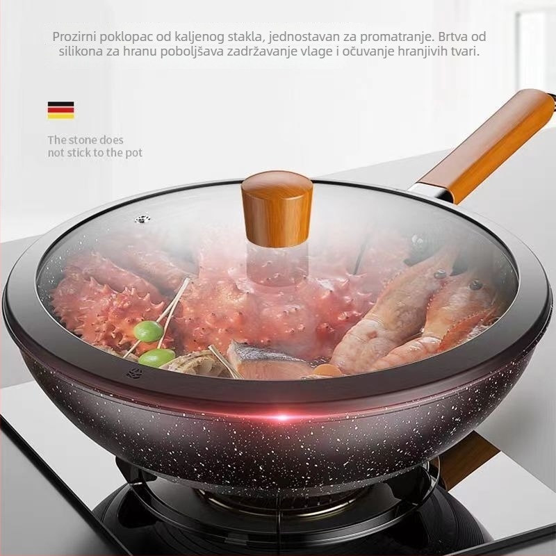 Trodjelni set posuđa s Maifan kamenom, neprijanjajući tiganj, wok i jušni lonac, za kućnu upotrebu, kompatibilan s plinskim štednjakom i indukcijom