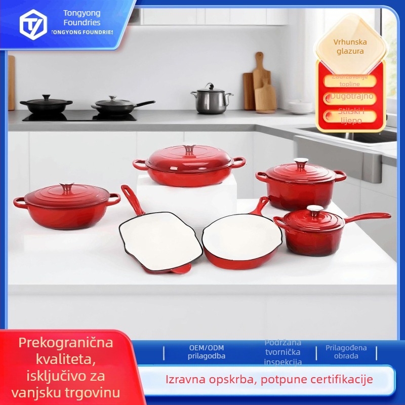 6-dijelni set emajliranih posuda od lijevanog željeza s dvostrukim držačima, pogodna za indukciju i plin, po narudžbi