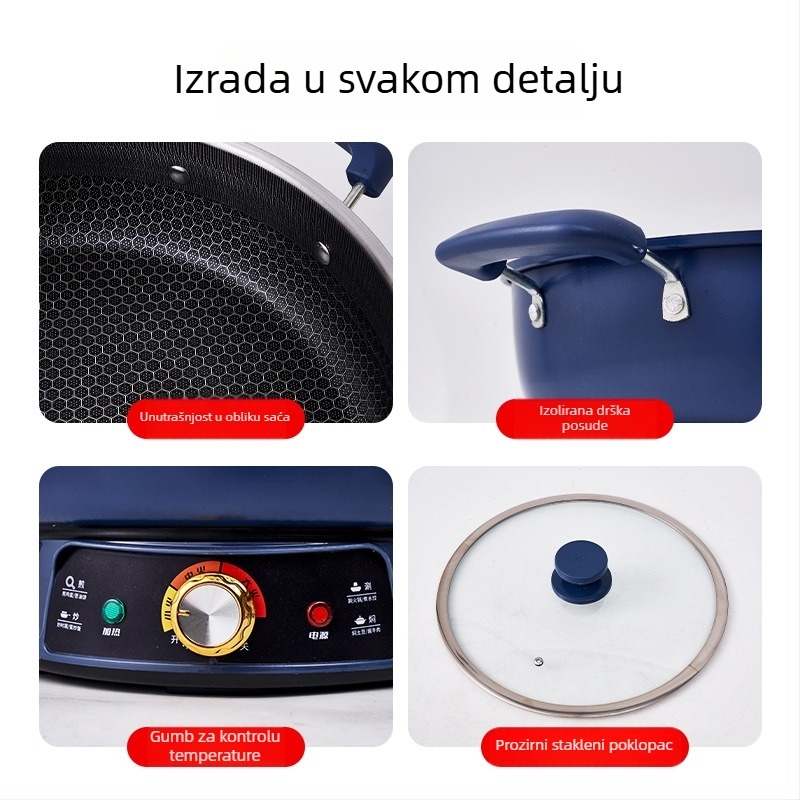 Električna posuda od lijevanog željeza bez premaza, višefunkcijski lonac za kuhanje i kuhanje na pari, otporan na visoke temperature, dno sprječava izgaranje