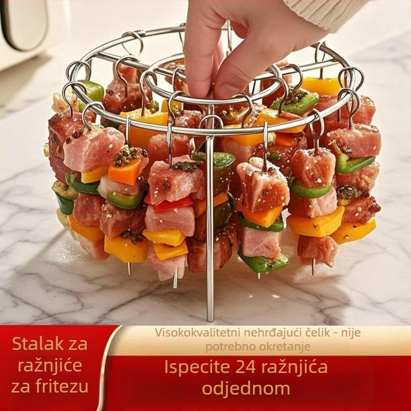 Okrugli vertikalni roštilj od nehrđajućeg čelika s visećim ražnjićima, kompatibilan s uređajem za pečenje na zrak, 24 ražnjića