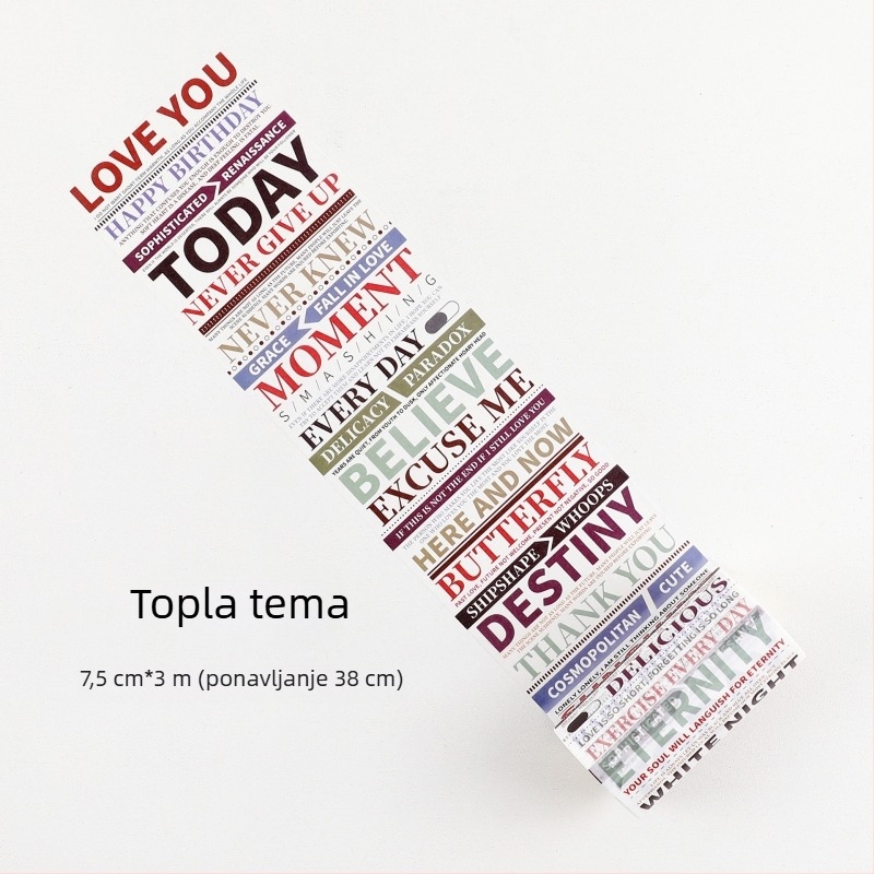 Washi traka za dnevnik s velikim pozadjem i engleskim slovima, dekorativna traka za scrapbooking i planiranje, duljina 3 m