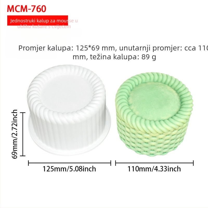 Set od 6 okruglih kalupa za mousse u obliku košarice cvijeća, silikon kalup za deserte i torte s pletenom teksturom, kalup za aromatične svijeće